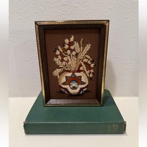 Vintage 1970s MCM Framed Crewel Embroidery Southwest/Aztec/Desert Theme Vase